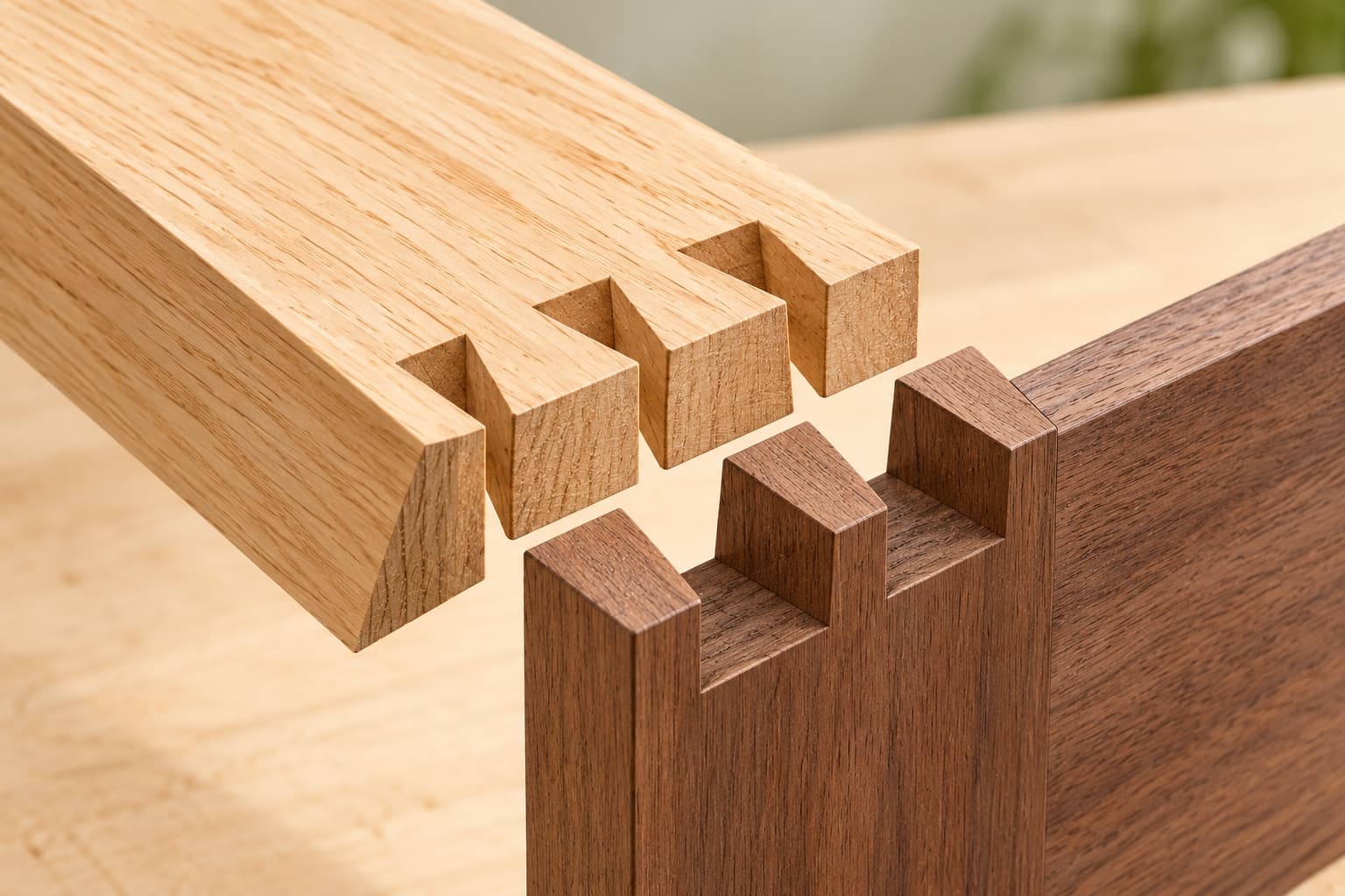 AI illustration of two separate wooden pieces before assembly: pale wood with dovetail tails above, dark wood with matching pins below, with the cut surfaces exposed.