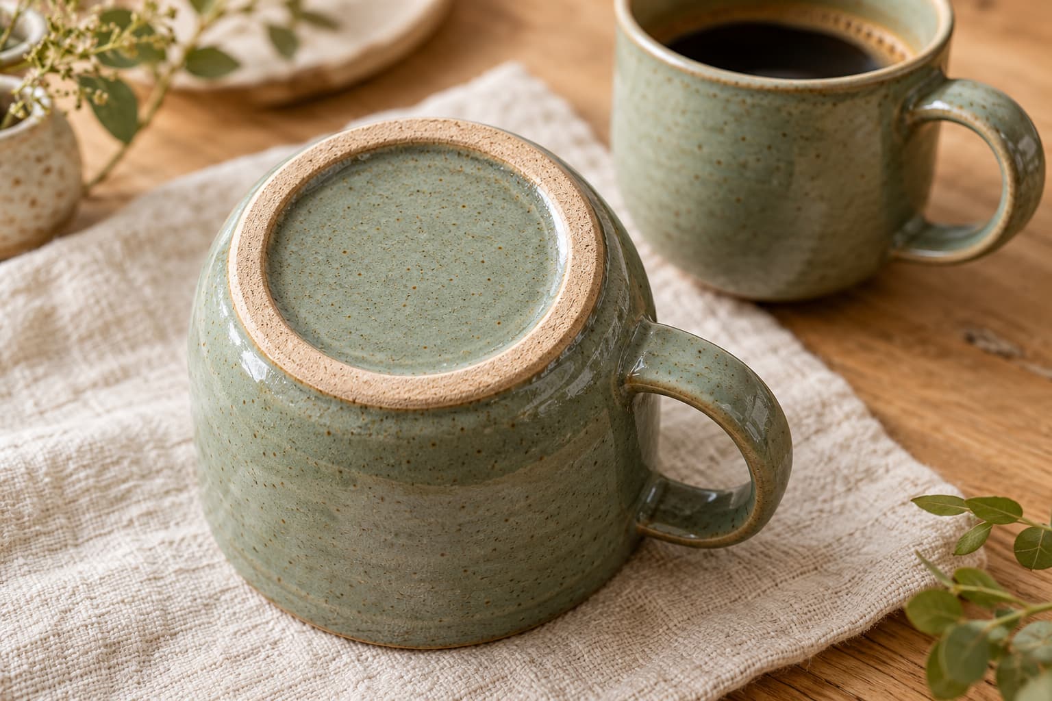 Photorealistic AI illustration: an upside-down green ceramic cup reveals a matte, unglazed clay foot ring around a glossy glazed centre. A matching cup stands upright behind it.