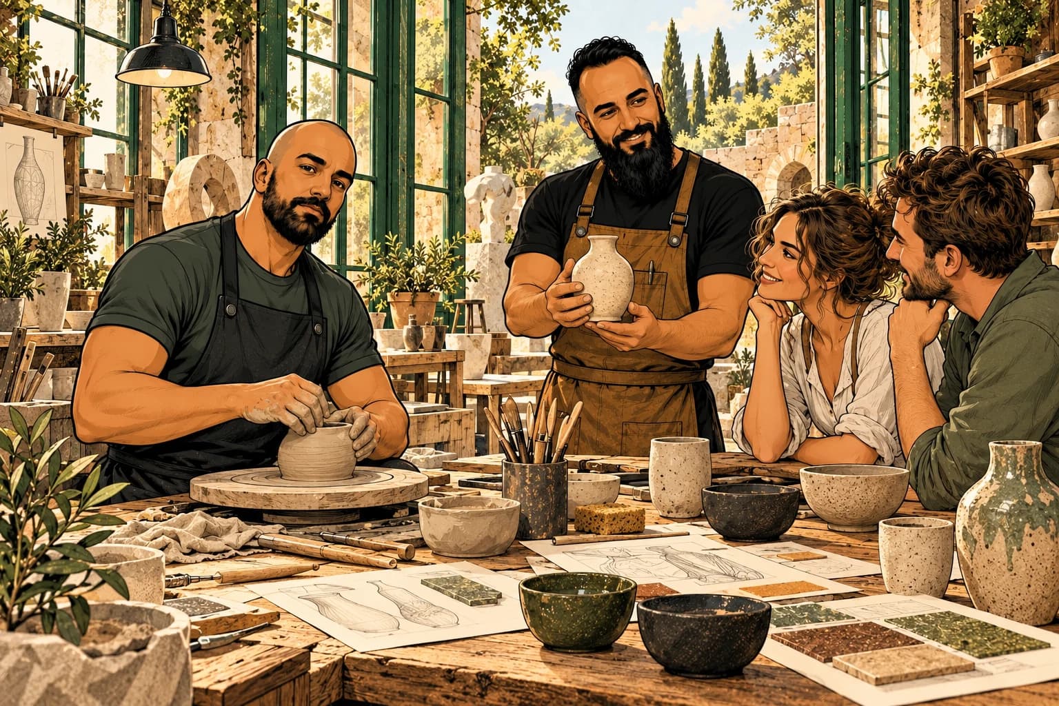 An illustrated open atelier with a pottery demonstration and two visitors.