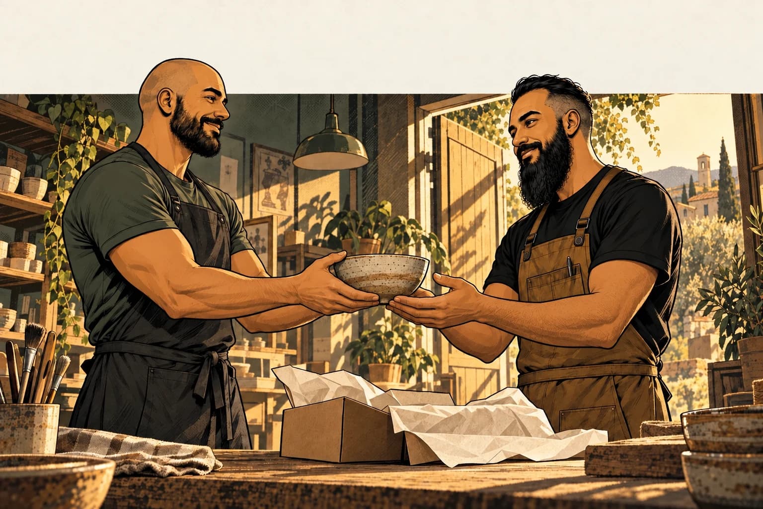 Two figures hand over a handmade bowl across a workbench.