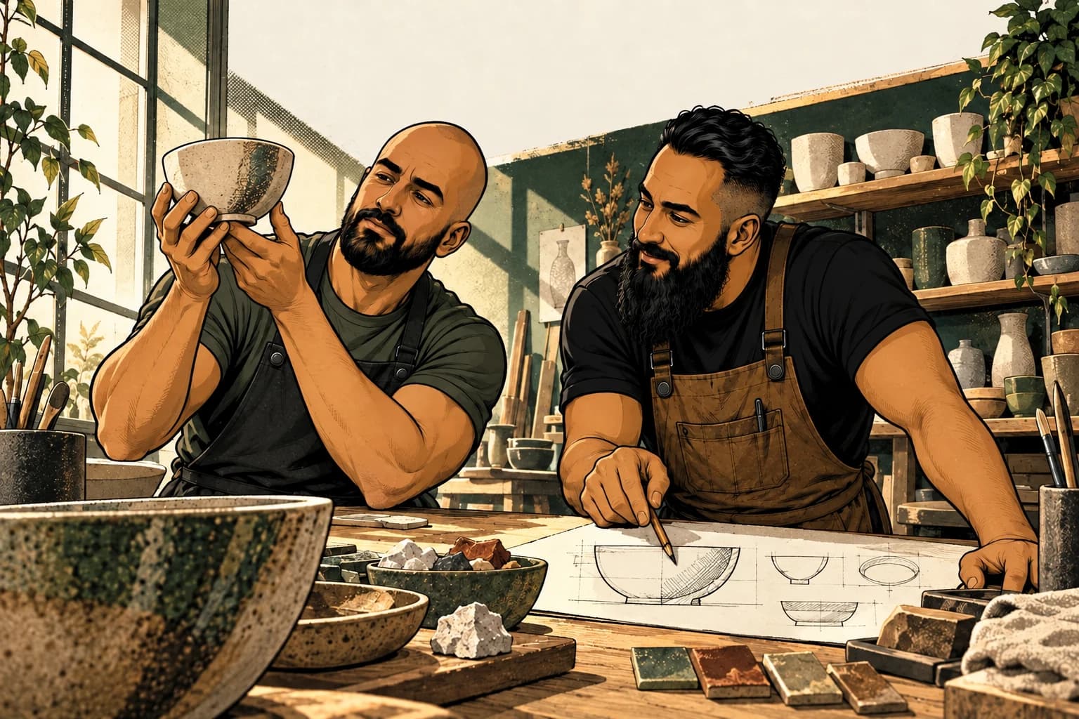 Two figures examine a ceramic bowl and a design sketch.
