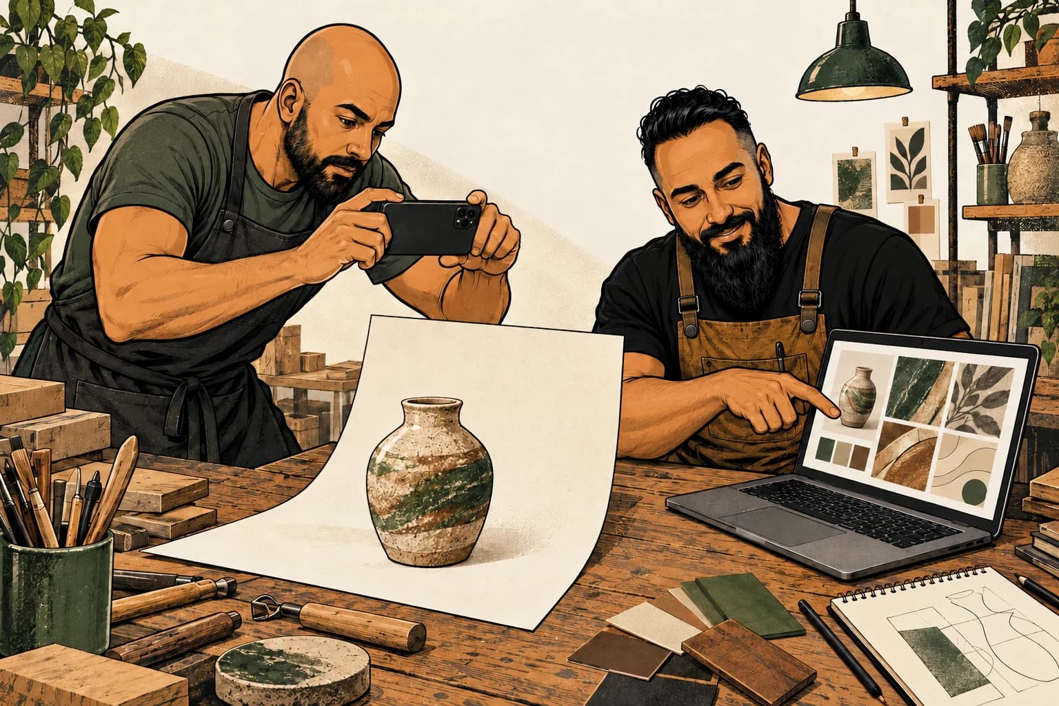 One figure photographs a vase while another shows a digital presentation.