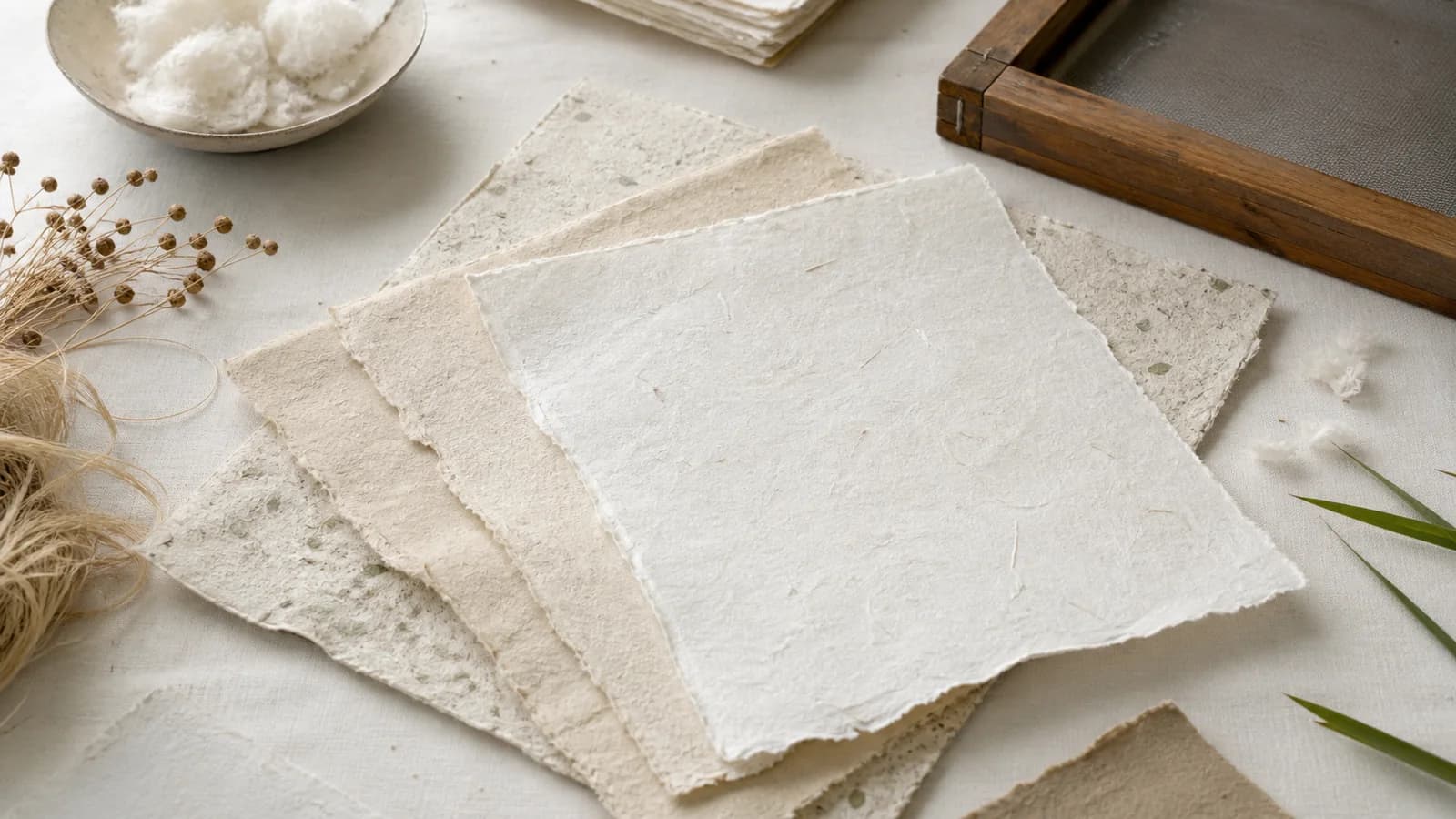 Handgeschöpfte Papierbögen, Pflanzenfasern und ein Schöpfrahmen auf einem hellen Arbeitstisch