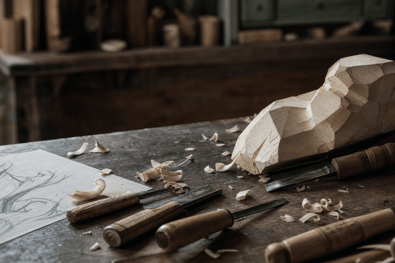 Editorial workshop scene with carving gouges, limewood and wood shavings